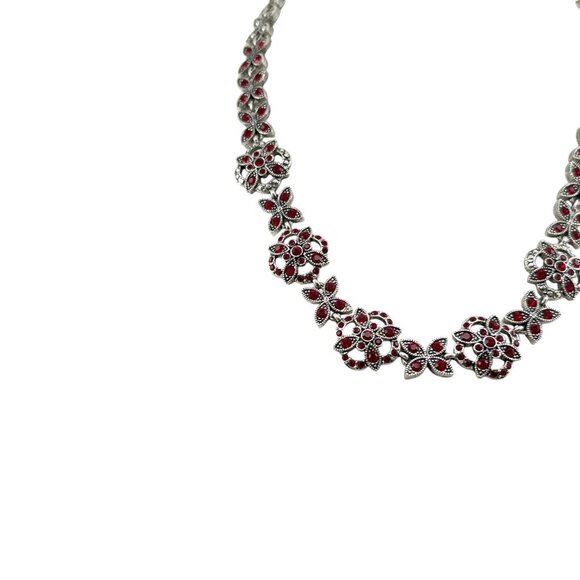 Napier Vintage Red Rhinestone Flower Statement Necklace Silver Tone - Picture 5 of 9